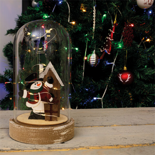 Battery powered light up Cloche Christmas scene - Snowman